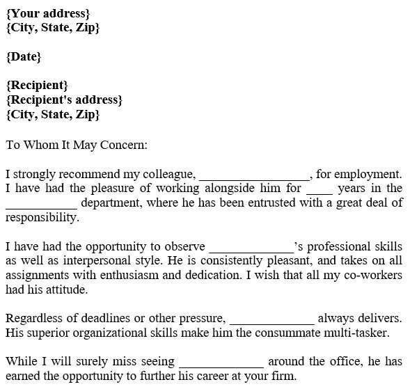 fillable letter of recommendation for coworker