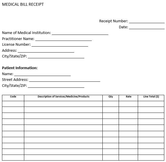 medical bill receipt template