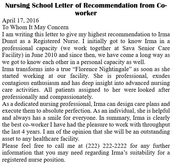 nursing school letter of recommendation from co worker