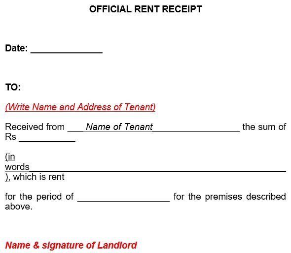 official rent receipt template
