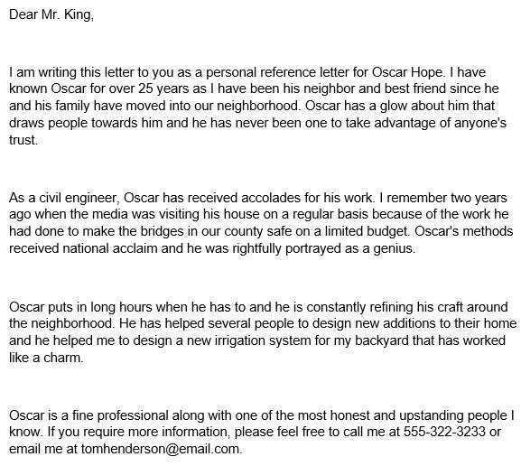personal recommendation letter for friend