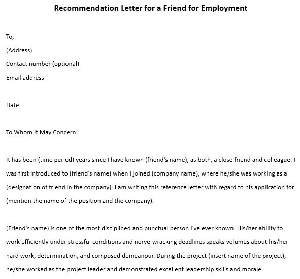 recommendation letter for a friend for employment