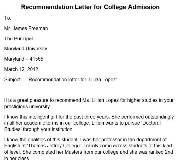 recommendation letter for college admission