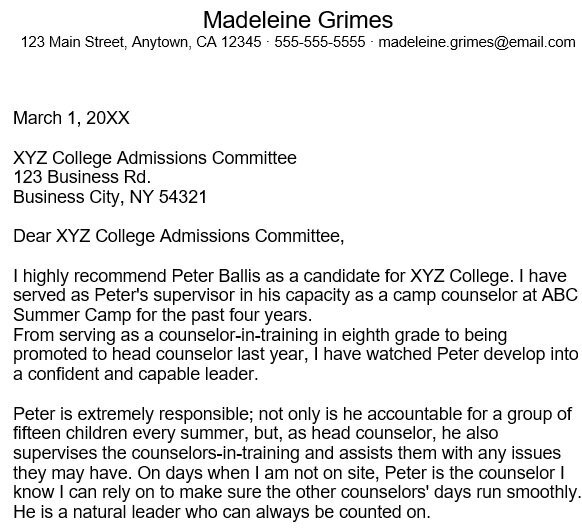 recommendation letter for college