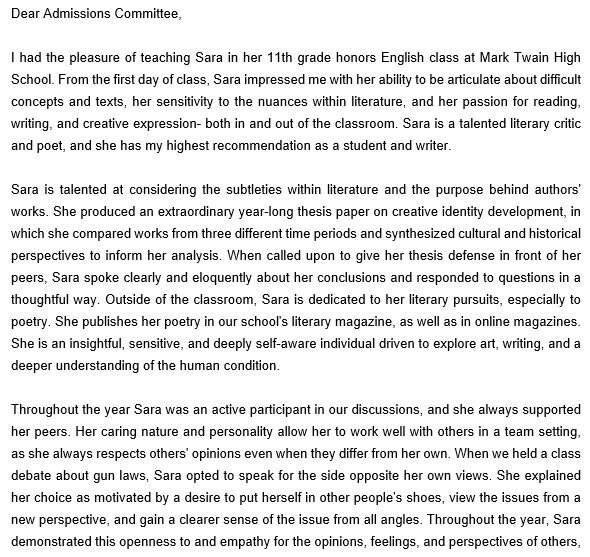 sample college recommendation letter