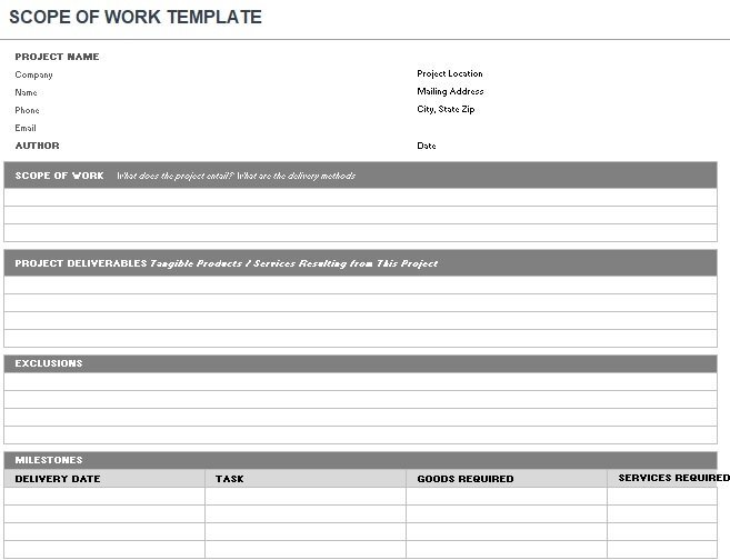 scope of work template excel