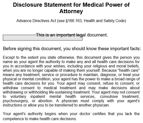 disclosure statement for medical power of attorney