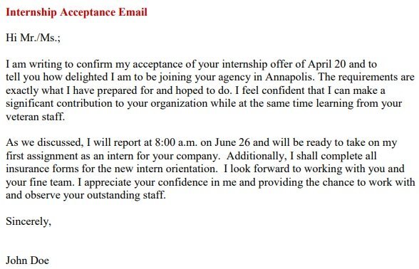 internship offer acceptance letter