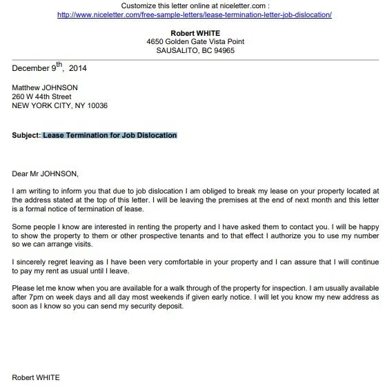 lease termination for job dislocation letter