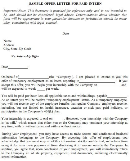 paid internship offer letter template