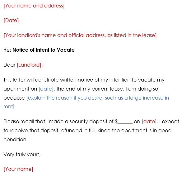 sample letter to landlord intention to vacate