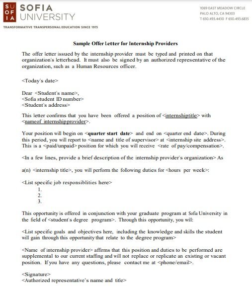 student internship offer letter template