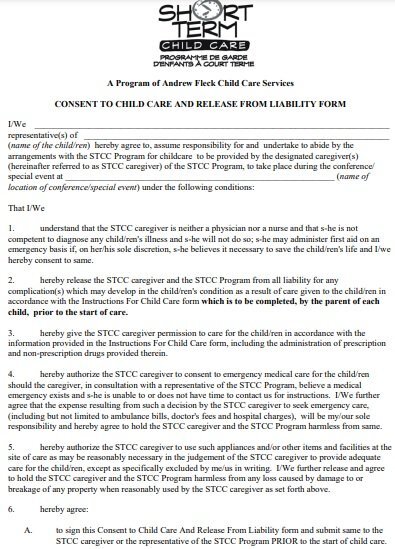 consent to child care and release from liability form