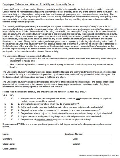 employee release and waiver of liability and indemnity form