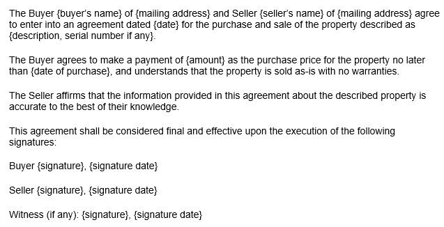 general personal property bill of sale form