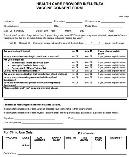 healthcare provider influenza vaccine consent form