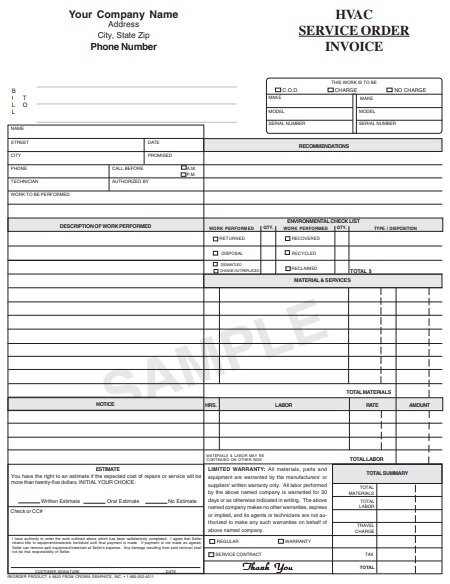 hvac service order invoice template