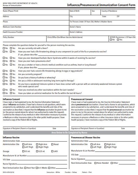influenza and pneumococcal immunization consent form