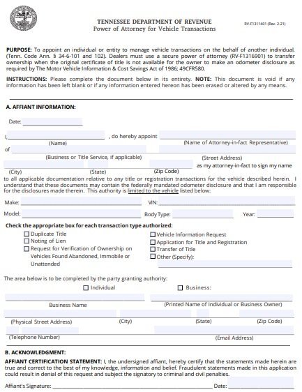 power of attorney for vehicle transactions