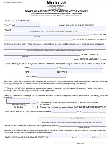 power of attorney to transfer motor vehicle
