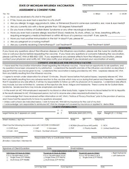 state of michigan influenza vaccination clinic name assessment consent form