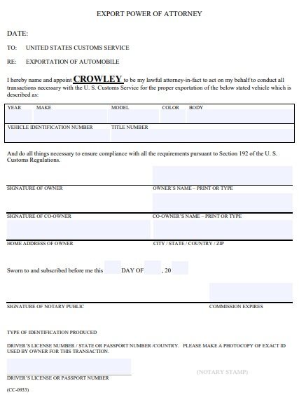 vehicle export power of attorney form