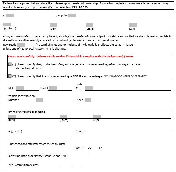 vehicle mileage disclosure power of attorney form