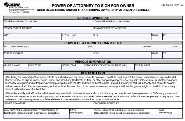 vehicle ownership power of attorney form
