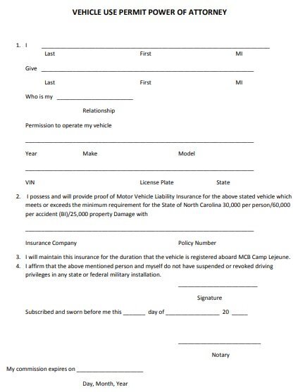 vehicle use permit power of attorney form