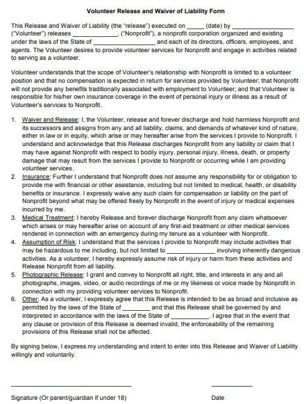 volunteer release and waiver of liability form