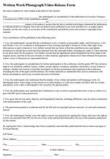 written work photograph and video release form