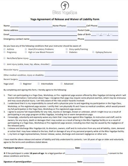 yoga agreement of release and waiver of liability form