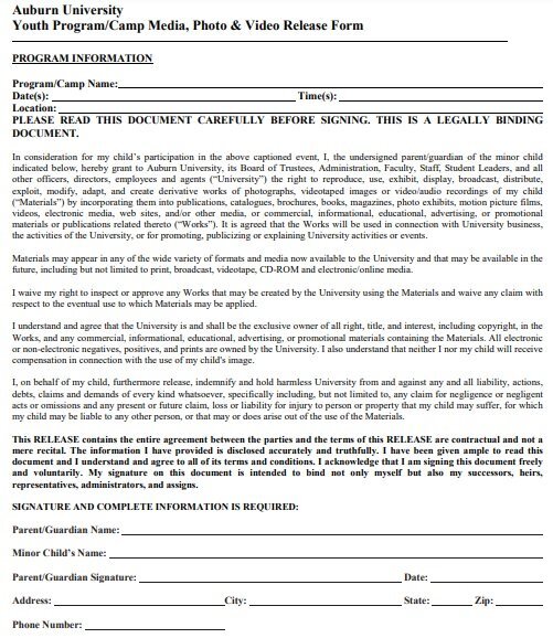 youth camp video release form