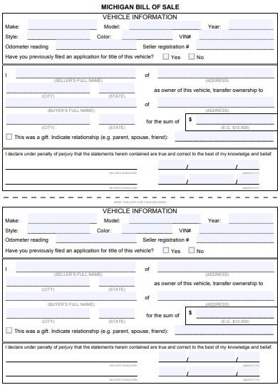 Michigan motor vehicle bill of sale form