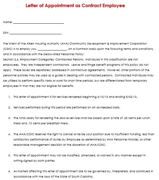 appointment letter of contract employee
