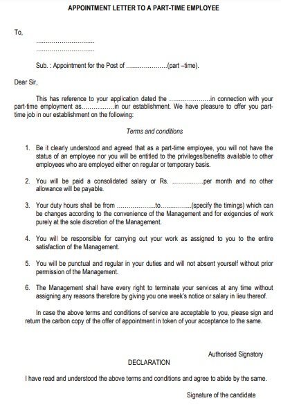 appointment letter to a part time employee
