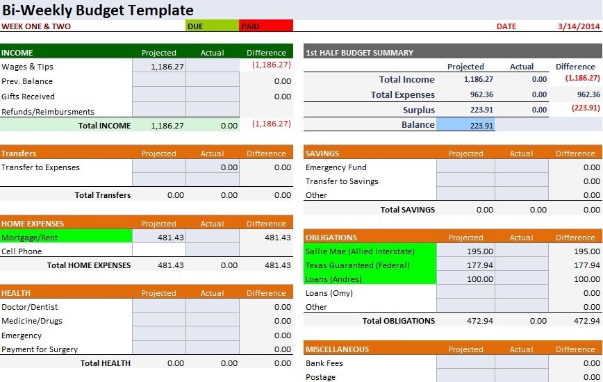 bi weekly budget template excel