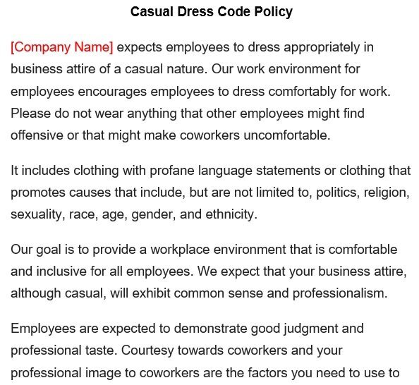 casual dress code policy template