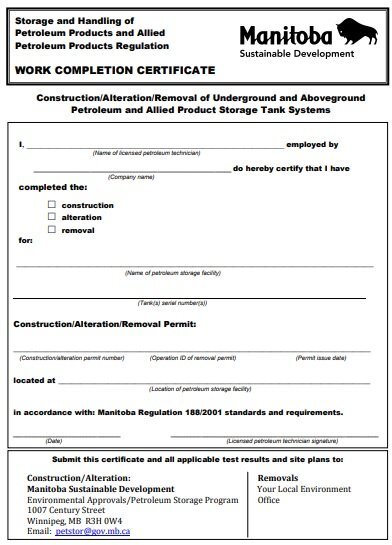 construction work completion certificate