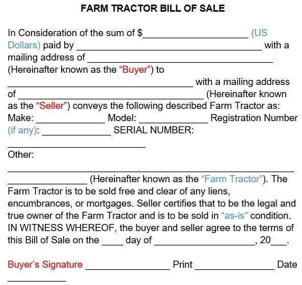 farm tractor bill of sale template