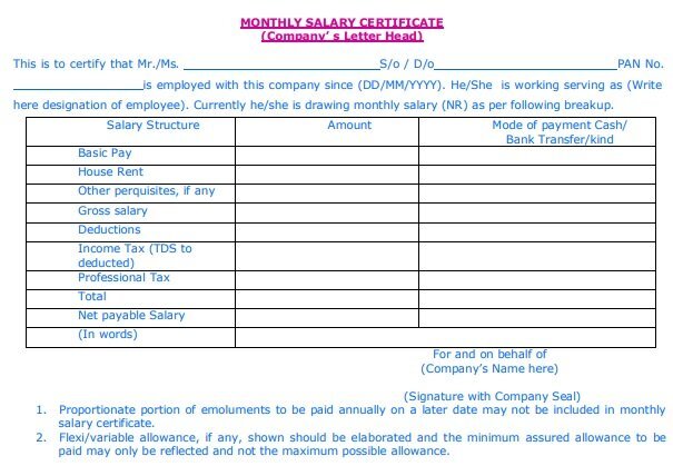 monthly salary certificate template
