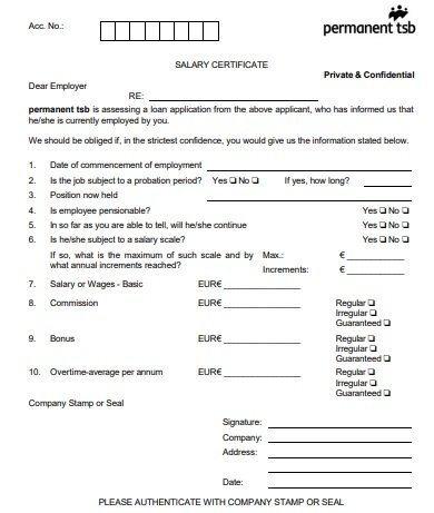 permanent employee salary certificate template