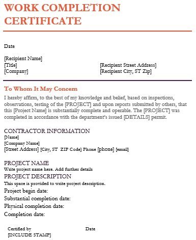 printable work completion certificate template 3