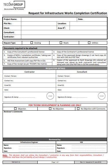 request for infrastructure works completion certification