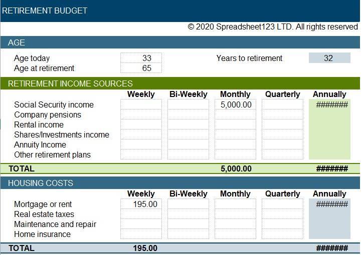 retirement budget planner template