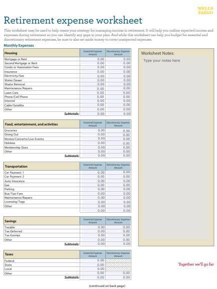 retirement expense worksheet excel