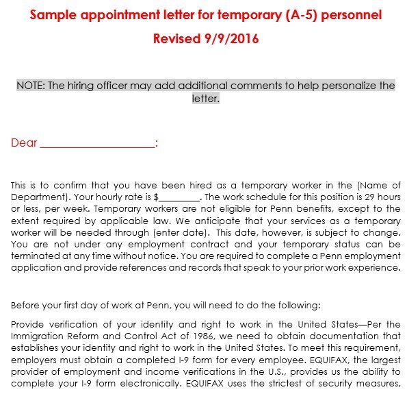 sample appointment letter for temporary