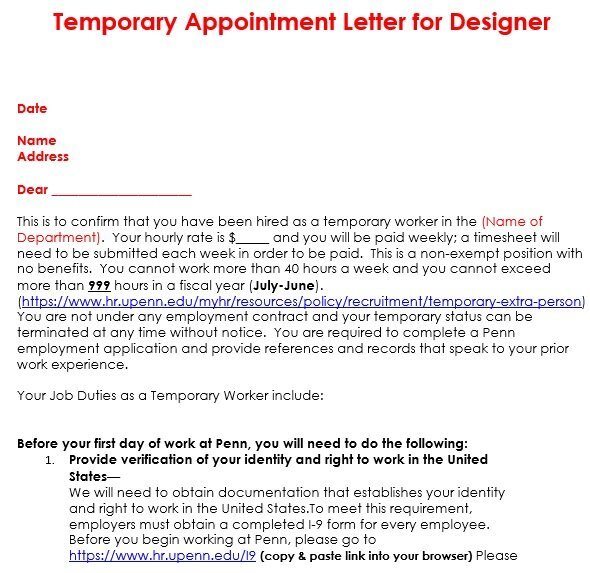 temporary appointment letter for designer