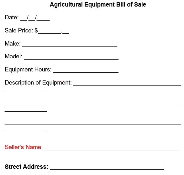 agricultural equipment bill of sale form
