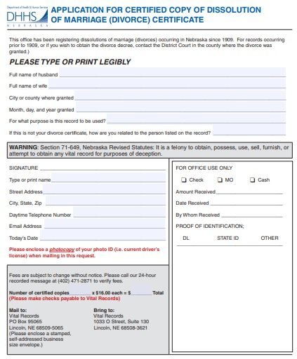 application for certified copy of dissolution of marriage divorce certificate